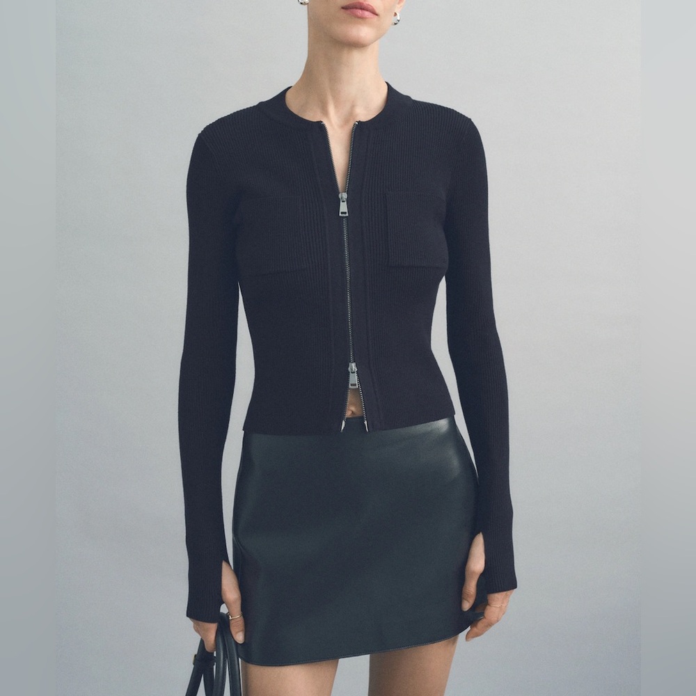 Mango Fine Knit Zip-Up Black Cardigan Large